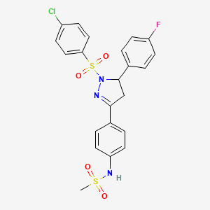 molecular formula C22H19ClFN3O4S2 B2466038 N-{4-[1-(4-chlorobenzenesulfonyl)-5-(4-fluorophenyl)-4,5-dihydro-1H-pyrazol-3-yl]phenyl}methanesulfonamide CAS No. 851780-80-8