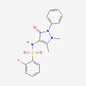 molecular formula C17H16FN3O3S B2466044 4-{[(2-Fluorophenyl)sulfonyl]amino}-2,3-dimethyl-1-phenyl-3-pyrazolin-5-one CAS No. 612041-63-1