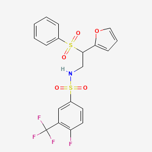 molecular formula C19H15F4NO5S2 B2466099 N-[2-(benzenesulfonyl)-2-(furan-2-yl)ethyl]-4-fluoro-3-(trifluoromethyl)benzene-1-sulfonamide CAS No. 896323-39-0