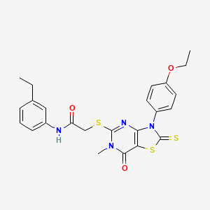 molecular formula C24H24N4O3S3 B2466102 2-{[3-(4-ethoxyphenyl)-6-methyl-7-oxo-2-sulfanylidene-2H,3H,6H,7H-[1,3]thiazolo[4,5-d]pyrimidin-5-yl]sulfanyl}-N-(3-ethylphenyl)acetamide CAS No. 1112419-10-9