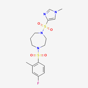 molecular formula C16H21FN4O4S2 B2466174 1-((4-fluoro-2-methylphenyl)sulfonyl)-4-((1-methyl-1H-imidazol-4-yl)sulfonyl)-1,4-diazepane CAS No. 1903881-12-8