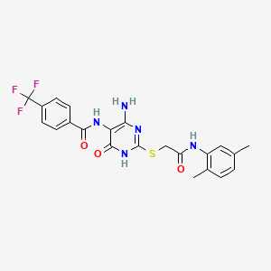 molecular formula C22H20F3N5O3S B2466179 N-(4-amino-2-((2-((2,5-dimethylphenyl)amino)-2-oxoethyl)thio)-6-oxo-1,6-dihydropyrimidin-5-yl)-4-(trifluoromethyl)benzamide CAS No. 888435-33-4