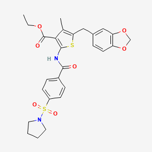 molecular formula C27H28N2O7S2 B2466247 ethyl 5-[(2H-1,3-benzodioxol-5-yl)methyl]-4-methyl-2-[4-(pyrrolidine-1-sulfonyl)benzamido]thiophene-3-carboxylate CAS No. 476365-37-4