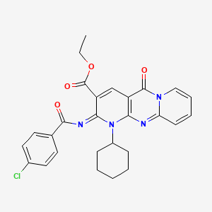 molecular formula C27H25ClN4O4 B2466290 ethyl 6-(4-chlorobenzoyl)imino-7-cyclohexyl-2-oxo-1,7,9-triazatricyclo[8.4.0.03,8]tetradeca-3(8),4,9,11,13-pentaene-5-carboxylate CAS No. 443097-15-2