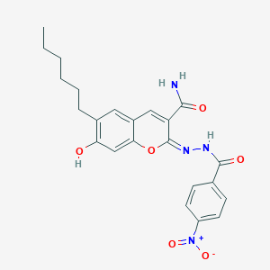 (E)-6-hexyl-7-hydroxy-2-(2-(4-nitrobenzoyl)hydrazono)-2H-chromene-3-carboxamide