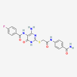 N-(4-amino-2-((2-((4-carbamoylphenyl)amino)-2-oxoethyl)thio)-6-oxo-1,6-dihydropyrimidin-5-yl)-4-fluorobenzamide