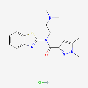 molecular formula C17H22ClN5OS B2466356 N-(1,3-benzothiazol-2-yl)-N-[2-(dimethylamino)ethyl]-1,5-dimethyl-1H-pyrazole-3-carboxamide hydrochloride CAS No. 1215318-84-5