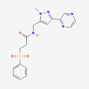 molecular formula C18H19N5O3S B2466359 3-(benzenesulfonyl)-N-{[1-methyl-3-(pyrazin-2-yl)-1H-pyrazol-5-yl]methyl}propanamide CAS No. 2034288-41-8