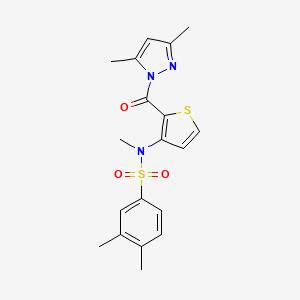 molecular formula C19H21N3O3S2 B2466425 N-{2-[(3,5-dimethyl-1H-pyrazol-1-yl)carbonyl]thiophen-3-yl}-N,3,4-trimethylbenzenesulfonamide CAS No. 1325305-25-6