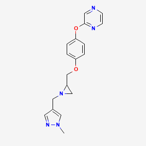 molecular formula C18H19N5O2 B2466439 2-[4-[[1-[(1-Methylpyrazol-4-yl)methyl]aziridin-2-yl]methoxy]phenoxy]pyrazine CAS No. 2418666-60-9