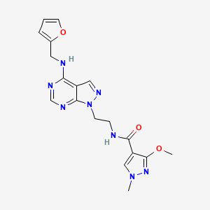 molecular formula C18H20N8O3 B2466487 N-(2-(4-((呋喃-2-基甲基)氨基)-1H-吡唑并[3,4-d]嘧啶-1-基)乙基)-3-甲氧基-1-甲基-1H-吡唑-4-羧酰胺 CAS No. 1208375-01-2