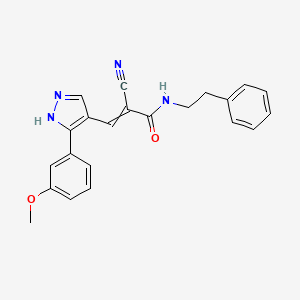 molecular formula C22H20N4O2 B2466497 2-氰基-3-[3-(3-甲氧基苯基)-1H-吡唑-4-基]-N-(2-苯乙基)丙-2-烯酰胺 CAS No. 1198063-87-4
