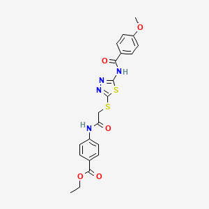 molecular formula C21H20N4O5S2 B2466508 Ethyl 4-[[2-[[5-[(4-methoxybenzoyl)amino]-1,3,4-thiadiazol-2-yl]sulfanyl]acetyl]amino]benzoate CAS No. 392293-19-5