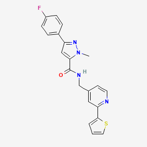 molecular formula C21H17FN4OS B2466557 3-(4-fluorophenyl)-1-methyl-N-((2-(thiophen-2-yl)pyridin-4-yl)methyl)-1H-pyrazole-5-carboxamide CAS No. 2034435-78-2