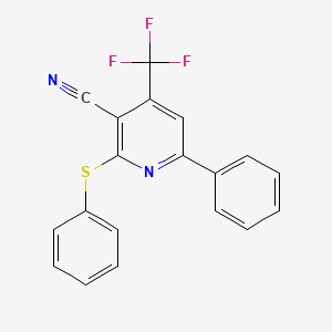molecular formula C19H11F3N2S B2466560 6-Phenyl-2-(phenylsulfanyl)-4-(trifluoromethyl)nicotinonitrile CAS No. 338749-48-7