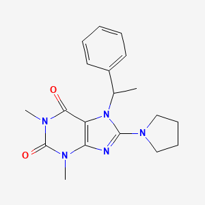 molecular formula C19H23N5O2 B2466567 1,3-dimethyl-7-(1-phenylethyl)-8-(pyrrolidin-1-yl)-1H-purine-2,6(3H,7H)-dione CAS No. 1105244-63-0