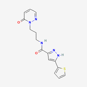 molecular formula C15H15N5O2S B2466589 N-(3-(6-oxopyridazin-1(6H)-yl)propyl)-3-(thiophen-2-yl)-1H-pyrazole-5-carboxamide CAS No. 1301757-24-3