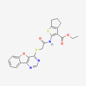 molecular formula C22H19N3O4S2 B2466771 ethyl 2-(2-(benzofuro[3,2-d]pyrimidin-4-ylthio)acetamido)-5,6-dihydro-4H-cyclopenta[b]thiophene-3-carboxylate CAS No. 851130-33-1