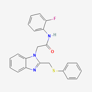 molecular formula C22H18FN3OS B2466792 N-(2-Fluorophenyl)-2-(2-((phenylsulfanyl)methyl)-1H-1,3-benzimidazol-1-yl)acetamide CAS No. 339100-62-8