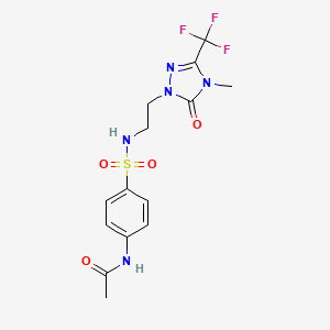 molecular formula C14H16F3N5O4S B2466929 N-(4-(N-(2-(4-methyl-5-oxo-3-(trifluoromethyl)-4,5-dihydro-1H-1,2,4-triazol-1-yl)ethyl)sulfamoyl)phenyl)acetamide CAS No. 1421529-68-1
