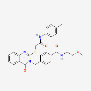 molecular formula C28H28N4O4S B2467045 N-(2-methoxyethyl)-4-{[2-({[(4-methylphenyl)carbamoyl]methyl}sulfanyl)-4-oxo-3,4-dihydroquinazolin-3-yl]methyl}benzamide CAS No. 1115360-60-5