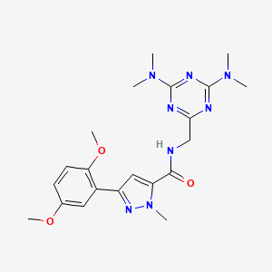 molecular formula C21H28N8O3 B2467075 N-((4,6-bis(dimethylamino)-1,3,5-triazin-2-yl)methyl)-3-(2,5-dimethoxyphenyl)-1-methyl-1H-pyrazole-5-carboxamide CAS No. 2034413-64-2