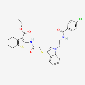 molecular formula C30H30ClN3O4S2 B2467099 ethyl 2-{2-[(1-{2-[(4-chlorophenyl)formamido]ethyl}-1H-indol-3-yl)sulfanyl]acetamido}-4,5,6,7-tetrahydro-1-benzothiophene-3-carboxylate CAS No. 532972-63-7