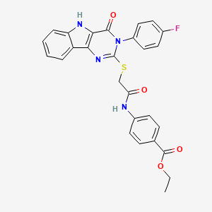 molecular formula C27H21FN4O4S B2467134 ethyl 4-(2-{[3-(4-fluorophenyl)-4-oxo-3H,4H,5H-pyrimido[5,4-b]indol-2-yl]sulfanyl}acetamido)benzoate CAS No. 536710-88-0
