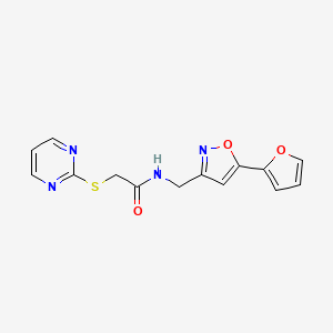 molecular formula C14H12N4O3S B2467153 N-((5-(furan-2-yl)isoxazol-3-yl)methyl)-2-(pyrimidin-2-ylthio)acetamide CAS No. 1207060-11-4