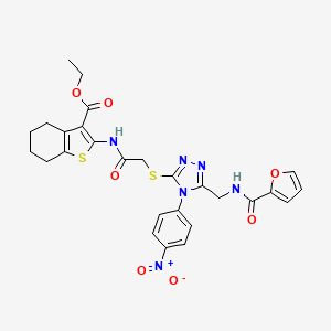 molecular formula C27H26N6O7S2 B2467294 ETHYL 2-{2-[(5-{[(FURAN-2-YL)FORMAMIDO]METHYL}-4-(4-NITROPHENYL)-4H-1,2,4-TRIAZOL-3-YL)SULFANYL]ACETAMIDO}-4,5,6,7-TETRAHYDRO-1-BENZOTHIOPHENE-3-CARBOXYLATE CAS No. 393806-25-2