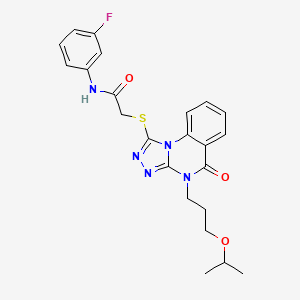 molecular formula C23H24FN5O3S B2467401 N-(3-fluorophenyl)-2-({5-oxo-4-[3-(propan-2-yloxy)propyl]-4H,5H-[1,2,4]triazolo[4,3-a]quinazolin-1-yl}sulfanyl)acetamide CAS No. 1110980-01-2