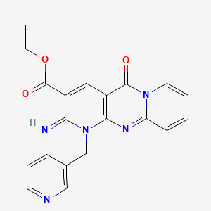 molecular formula C21H19N5O3 B2467476 ethyl 6-imino-11-methyl-2-oxo-7-(pyridin-3-ylmethyl)-1,7,9-triazatricyclo[8.4.0.03,8]tetradeca-3(8),4,9,11,13-pentaene-5-carboxylate CAS No. 370573-01-6