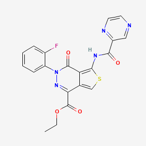 molecular formula C20H14FN5O4S B2467712 ethyl 3-(2-fluorophenyl)-4-oxo-5-(pyrazine-2-amido)-3H,4H-thieno[3,4-d]pyridazine-1-carboxylate CAS No. 1251627-19-6