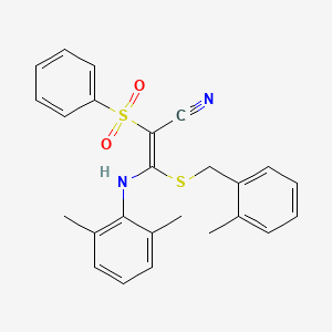molecular formula C25H24N2O2S2 B2467800 (2E)-2-(BENZENESULFONYL)-3-[(2,6-DIMETHYLPHENYL)AMINO]-3-{[(2-METHYLPHENYL)METHYL]SULFANYL}PROP-2-ENENITRILE CAS No. 902514-37-8