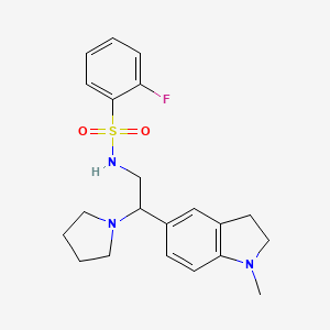molecular formula C21H26FN3O2S B2467900 2-fluoro-N-(2-(1-methylindolin-5-yl)-2-(pyrrolidin-1-yl)ethyl)benzenesulfonamide CAS No. 946241-51-6