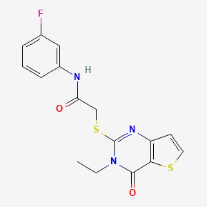 molecular formula C16H14FN3O2S2 B2467913 2-({3-ethyl-4-oxo-3H,4H-thieno[3,2-d]pyrimidin-2-yl}sulfanyl)-N-(3-fluorophenyl)acetamide CAS No. 1252925-59-9