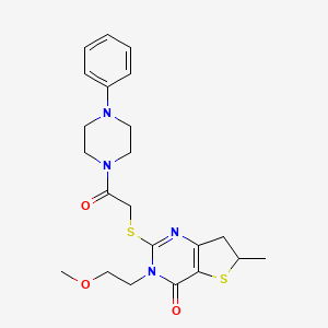 molecular formula C22H28N4O3S2 B2467916 3-(2-Methoxyethyl)-6-methyl-2-[2-oxo-2-(4-phenylpiperazin-1-yl)ethyl]sulfanyl-6,7-dihydrothieno[3,2-d]pyrimidin-4-one CAS No. 851409-91-1