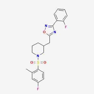 molecular formula C21H21F2N3O3S B2468000 5-((1-((4-Fluoro-2-methylphenyl)sulfonyl)piperidin-3-yl)methyl)-3-(2-fluorophenyl)-1,2,4-oxadiazole CAS No. 1705072-77-0
