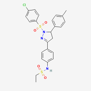 molecular formula C24H24ClN3O4S2 B2468112 N-{4-[1-(4-chlorobenzenesulfonyl)-5-(4-methylphenyl)-4,5-dihydro-1H-pyrazol-3-yl]phenyl}ethane-1-sulfonamide CAS No. 851781-34-5