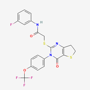 molecular formula C21H15F4N3O3S2 B2468121 N-(3-fluorophenyl)-2-((4-oxo-3-(4-(trifluoromethoxy)phenyl)-3,4,6,7-tetrahydrothieno[3,2-d]pyrimidin-2-yl)thio)acetamide CAS No. 877654-44-9