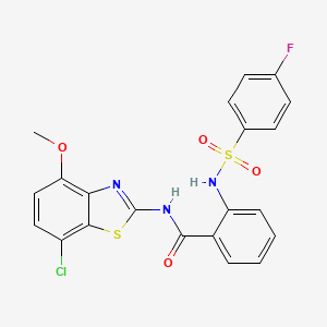 molecular formula C21H15ClFN3O4S2 B2468145 N-(7-chloro-4-methoxy-1,3-benzothiazol-2-yl)-2-(4-fluorobenzenesulfonamido)benzamide CAS No. 886951-13-9