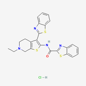 molecular formula C24H21ClN4OS3 B2468235 N-(3-(benzo[d]thiazol-2-yl)-6-ethyl-4,5,6,7-tetrahydrothieno[2,3-c]pyridin-2-yl)benzo[d]thiazole-2-carboxamide hydrochloride CAS No. 1189663-07-7