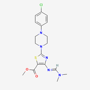 molecular formula C18H22ClN5O2S B2468358 Methyl 2-[4-(4-chlorophenyl)piperazino]-4-{[(dimethylamino)methylene]amino}-1,3-thiazole-5-carboxylate CAS No. 343375-63-3