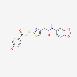 molecular formula C21H18N2O5S2 B2468397 N-(benzo[d][1,3]dioxol-5-yl)-2-(2-((2-(4-methoxyphenyl)-2-oxoethyl)thio)thiazol-4-yl)acetamide CAS No. 1020980-17-9