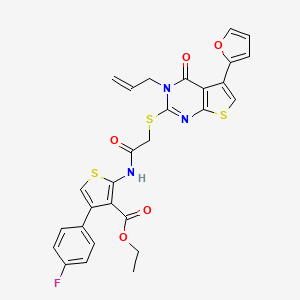 molecular formula C28H22FN3O5S3 B2468525 ethyl 4-(4-fluorophenyl)-2-(2-{[5-(furan-2-yl)-4-oxo-3-(prop-2-en-1-yl)-3H,4H-thieno[2,3-d]pyrimidin-2-yl]sulfanyl}acetamido)thiophene-3-carboxylate CAS No. 690644-77-0
