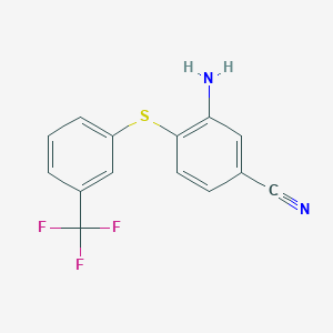 molecular formula C14H9F3N2S B2468529 3-Amino-4-{[3-(trifluoromethyl)phenyl]-sulfanyl}benzenecarbonitrile CAS No. 400751-63-5