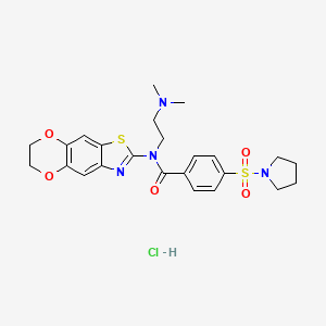 molecular formula C24H29ClN4O5S2 B2468749 N-(6,7-dihydro-[1,4]dioxino[2,3-f][1,3]benzothiazol-2-yl)-N-[2-(dimethylamino)ethyl]-4-pyrrolidin-1-ylsulfonylbenzamide;hydrochloride CAS No. 1321970-55-1