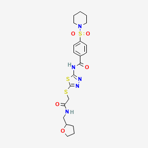 molecular formula C21H27N5O5S3 B2468859 N-(5-((2-oxo-2-(((tetrahydrofuran-2-yl)methyl)amino)ethyl)thio)-1,3,4-thiadiazol-2-yl)-4-(piperidin-1-ylsulfonyl)benzamide CAS No. 897757-91-4