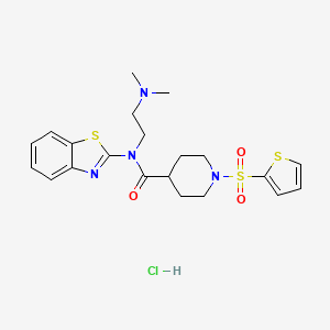 molecular formula C21H27ClN4O3S3 B2468883 N-(1,3-BENZOTHIAZOL-2-YL)-N-[2-(DIMETHYLAMINO)ETHYL]-1-(THIOPHENE-2-SULFONYL)PIPERIDINE-4-CARBOXAMIDE HYDROCHLORIDE CAS No. 1177756-26-1
