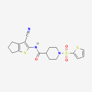 molecular formula C18H19N3O3S3 B2468887 N-(3-cyano-5,6-dihydro-4H-cyclopenta[b]thiophen-2-yl)-1-(thiophen-2-ylsulfonyl)piperidine-4-carboxamide CAS No. 899732-04-8